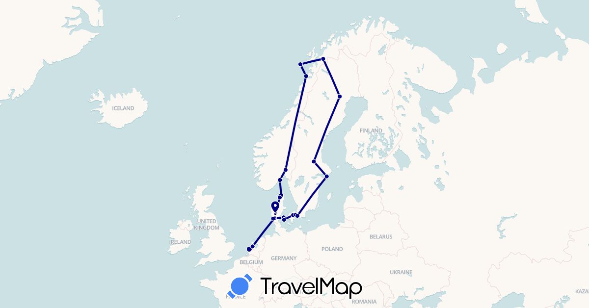 TravelMap itinerary: driving in Denmark, Netherlands, Norway, Sweden (Europe)